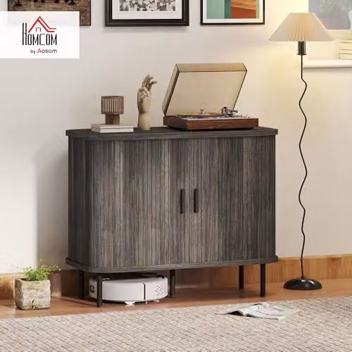 HOMCOM Mid-Century Modern Grey Sideboard Storage Cabinet with Metal Legs – 2