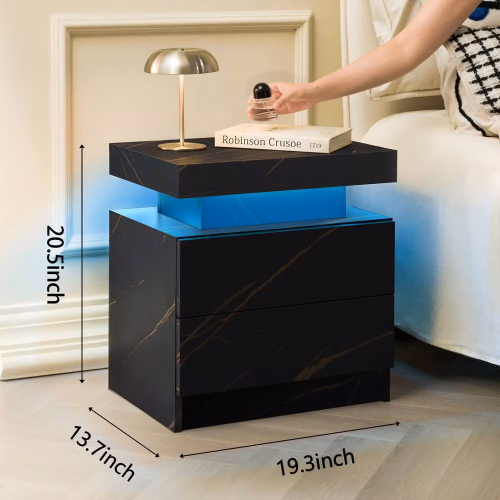 Direct Wicker Modern Black Rattan Bedside Cabinet with Integrated LED Lighting and Stone Pattern Decoration – 2