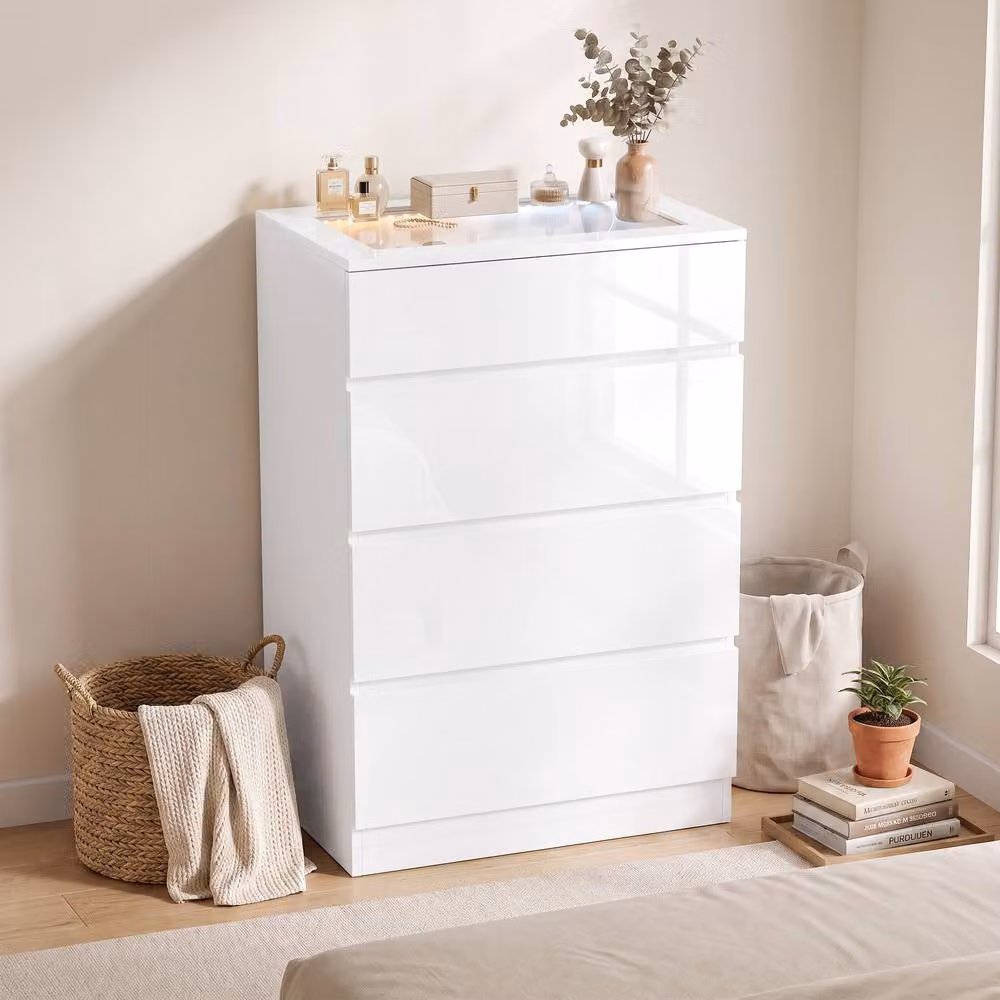 HOMCOM Modern High Gloss 4 Drawer Chest of Drawers with Glass Top and Integrated LED Lighting in White – 2