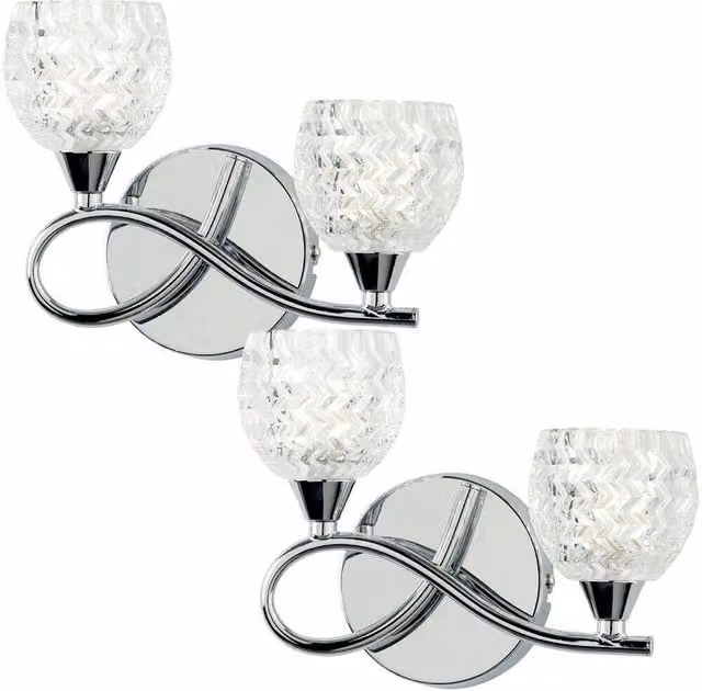 Loops 2 Pack LED Twin Wall Lights with Twisted Chrome Arms and Clear Glass Patterned Shades, Dimmable