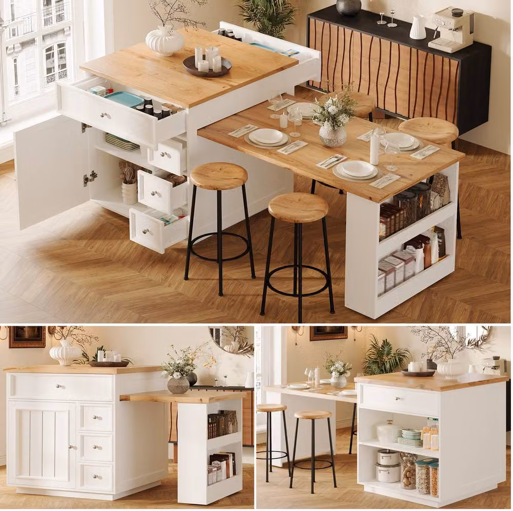 STILVORA Extendable Kitchen Island with Drawers and Casters in White – 5