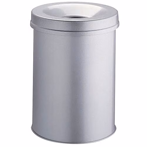 Durable Self-Extinguishing Metal Waste Bin in Grey, 15 Litre Capacity, H 38.5 x W 35.7 x D 26.0 cm