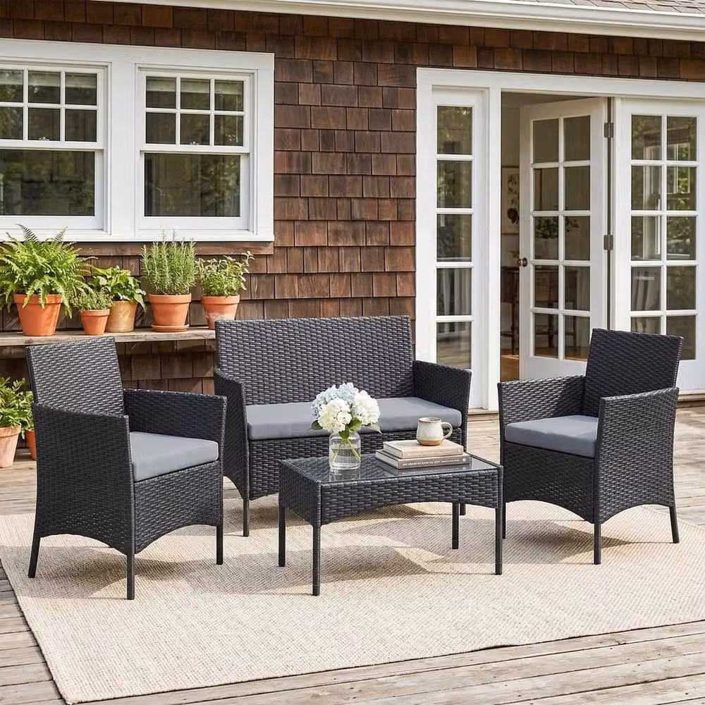 NESTLUNE 4 Piece Black Polyrattan Garden Furniture Set with Upholstered Cushions – 3