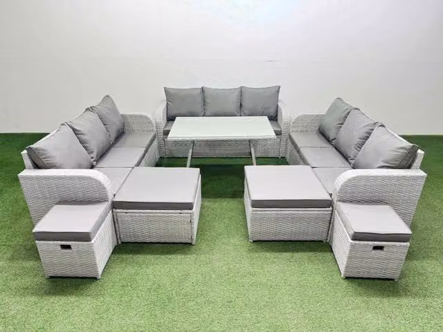Fimous Modern Rattan Garden Furniture Set with Dining Table and Stools in Light Grey