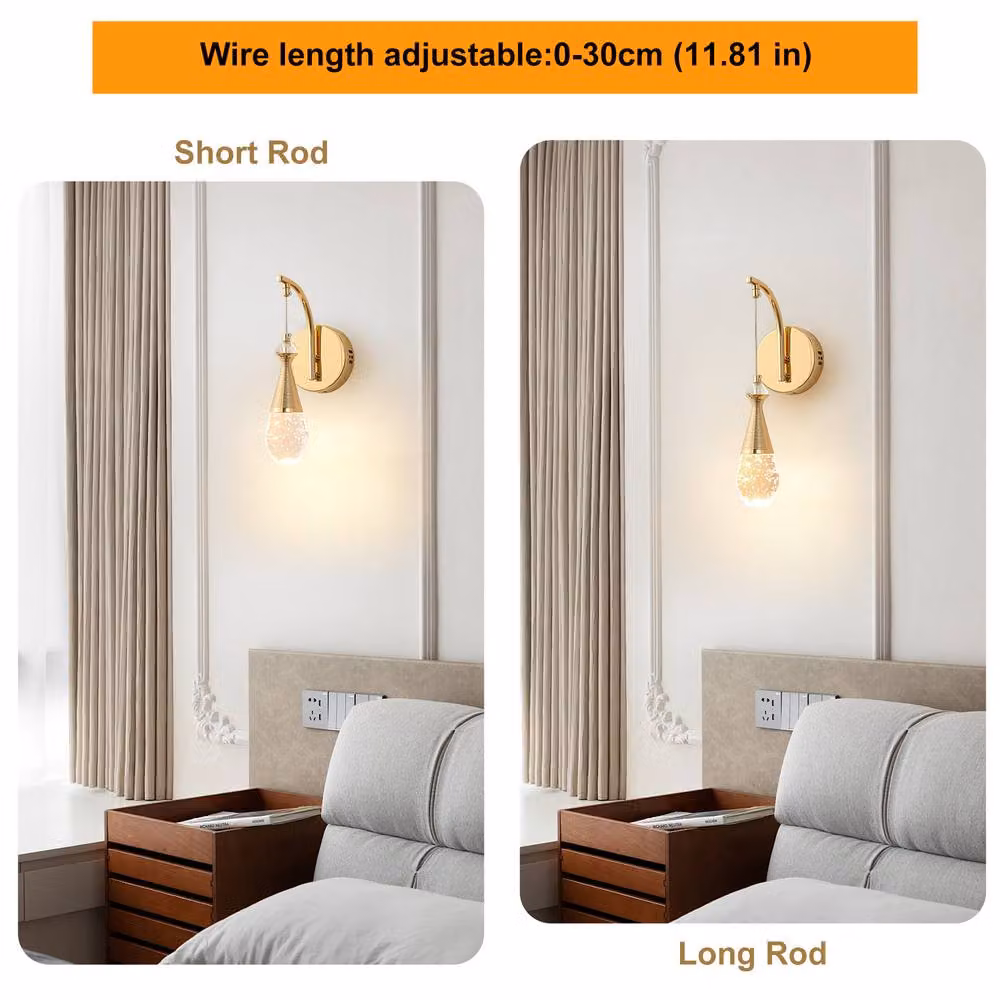 NIVOR Modern LED Gold and Transparent Crystal Swing Arm Wall Sconce with Adjustable Height and Warm White Light – 3
