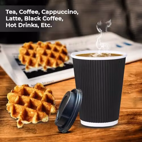 ECONX 500 x 8oz Black Ripple Disposable Insulated Triple Wall Kraft Paper Coffee Cups with Lids – 7