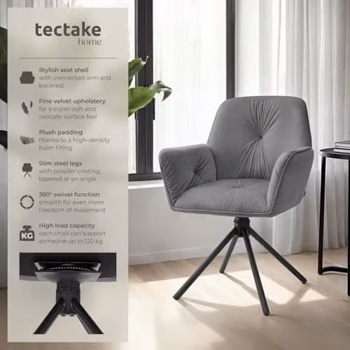 tectake Set of 6 Lenia Swivel Dining Chairs in Anthracite and Black Velvet-Look Fabric – 4
