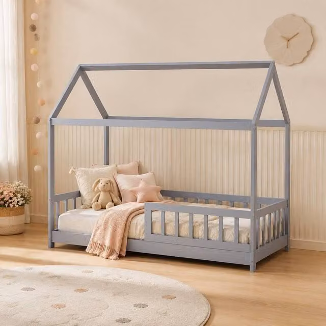STILVORA House-Shaped Single Bed Frame in Grey Solid Pine Wood, W/D/H: 195 x 120 x 96 cm – 1