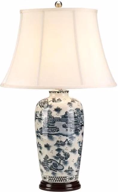 Netlighting Blue Trad Wp Oriental Table Lamp with Ceramic and Wood Base and Cream Fabric Shade, E27 – 1