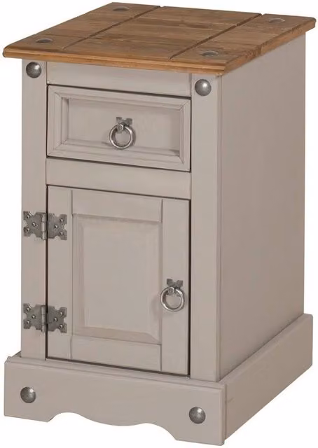 VOGREX Grey Painted Solid Pine Bedside Cupboard Cabinet with One Door and One Drawer, W: 100 cm, H: 80 cm
