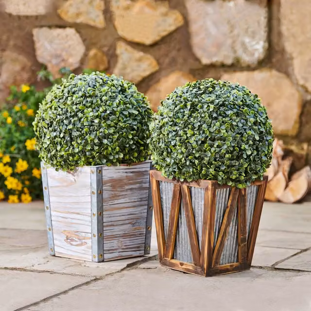 Teamson Home Solar LED Artificial Plant with Rustic Wood Base in Brown and Green