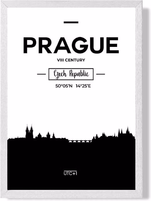 ARTZE Prague Black and White City Skyline Framed Print with White Frame