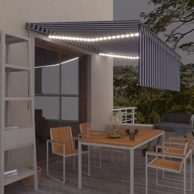Berkfield Home Manual Retractable Awning with Blind and LED, Blue and White Striped, W: 400 cm, D: 300 cm
