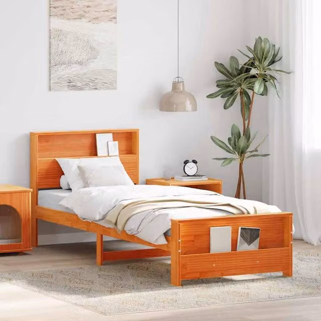 Berkfield Home Modern Waxed Brown Pine Bed Frame with Headboard W: 75 cm, L: 190 cm