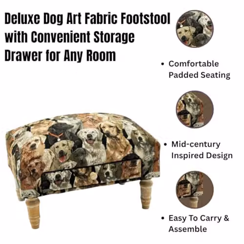 AcaciaHome Deluxe Upholstered Ottoman Footstool with Drawer in Dog Art Fabric Multicolour – 4
