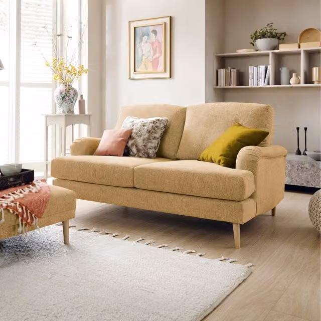 Abakus Direct Harper 2 Seater Mid-Century Upholstered Fabric Sofa in Peanut Brown with Removable Covers and Scatter Cushions