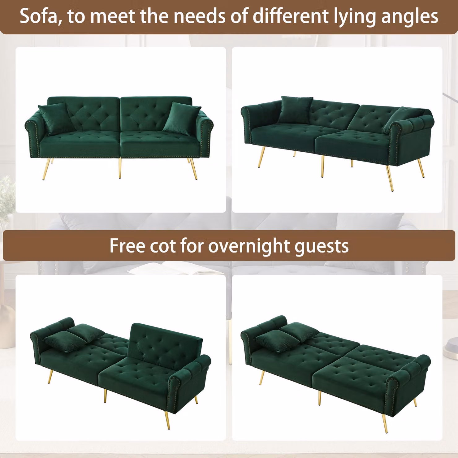 Aosom UK Modern 2-Seater Velvet Sofa Bed in Green with Adjustable Headrests, W/D/H: 177 x 74 x 71 cm – 4