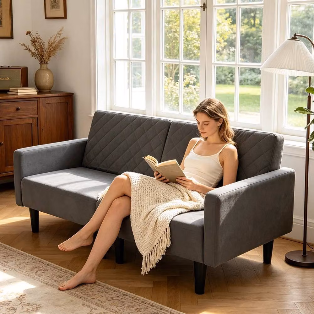 EONLION Convertible Folding Futon Sofa Bed, 2-3 Seater, Grey Velvet Fabric, 180 x 200 cm – 3