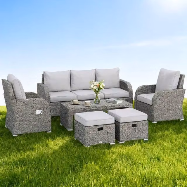 ERGOVEXA Six-piece Rattan Garden Furniture Set in Grey with Upholstered Cushions, 3-Seater Sofa, Lounge Armchair, Ottoman and Coffee Table