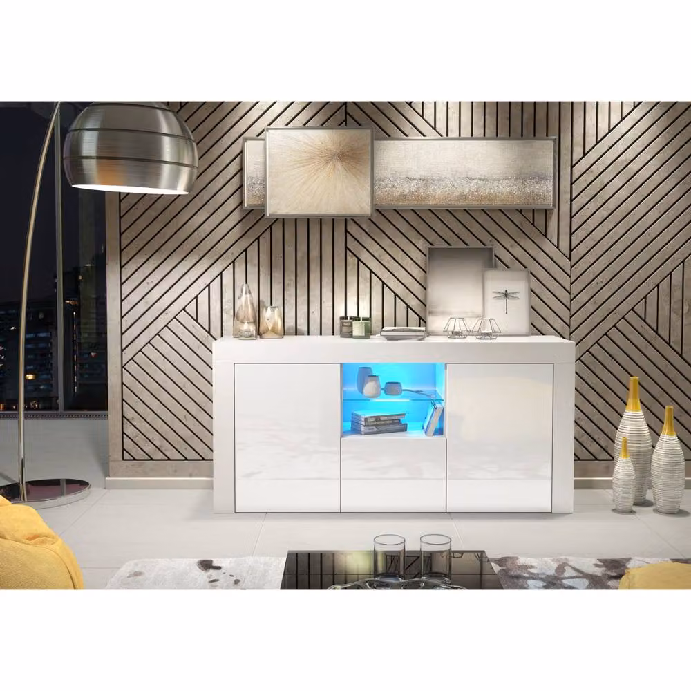 Creative Furniture Aurora Sideboard in White with Glossy Doors and LED Lights, W: 145 cm, H: 70 cm, D: 35 cm – 2