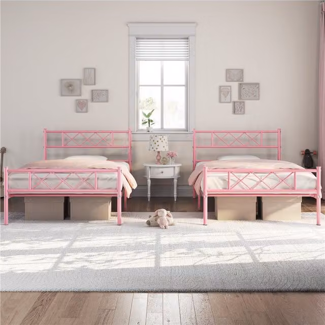 Yaheetech Pink Metal Bed Frame with Geometric Headboard, W/D/H: 90 x 190 cm