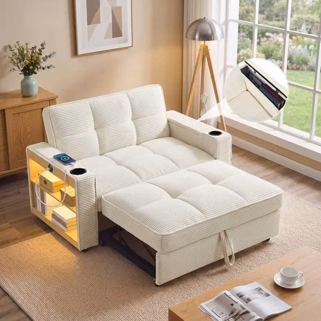 BTM 2 Seater Corduroy Sleeper Sofa with Storage and 7 Colour LED Lighting in Beige