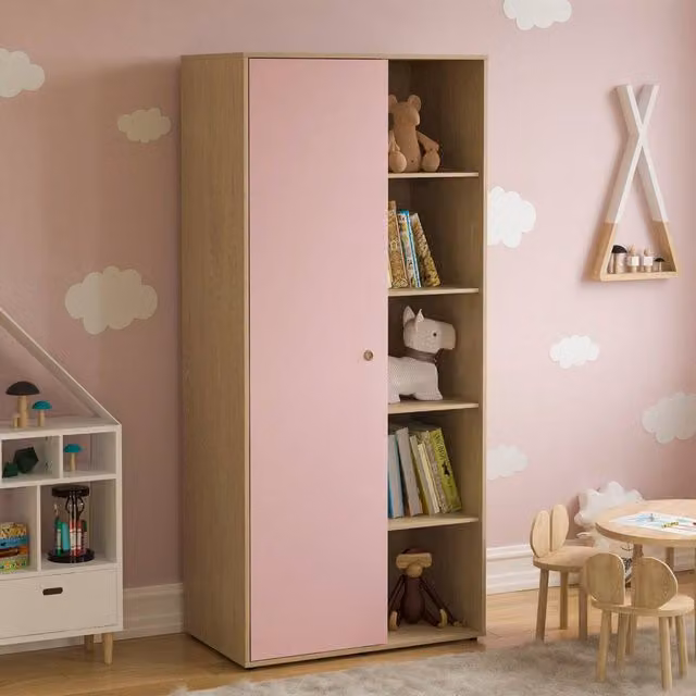 HD Designs Neptune 1 Door Pink Wardrobe with Internal Shelves and Hanging Rod for Childrens Bedrooms