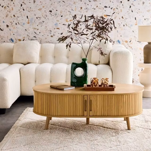 sweeek Coffee Table with Sliding Doors and Grooved Wooden-effect Compartments in Light Brown, W/D/H: 120 x 60 x 39 cm – 1