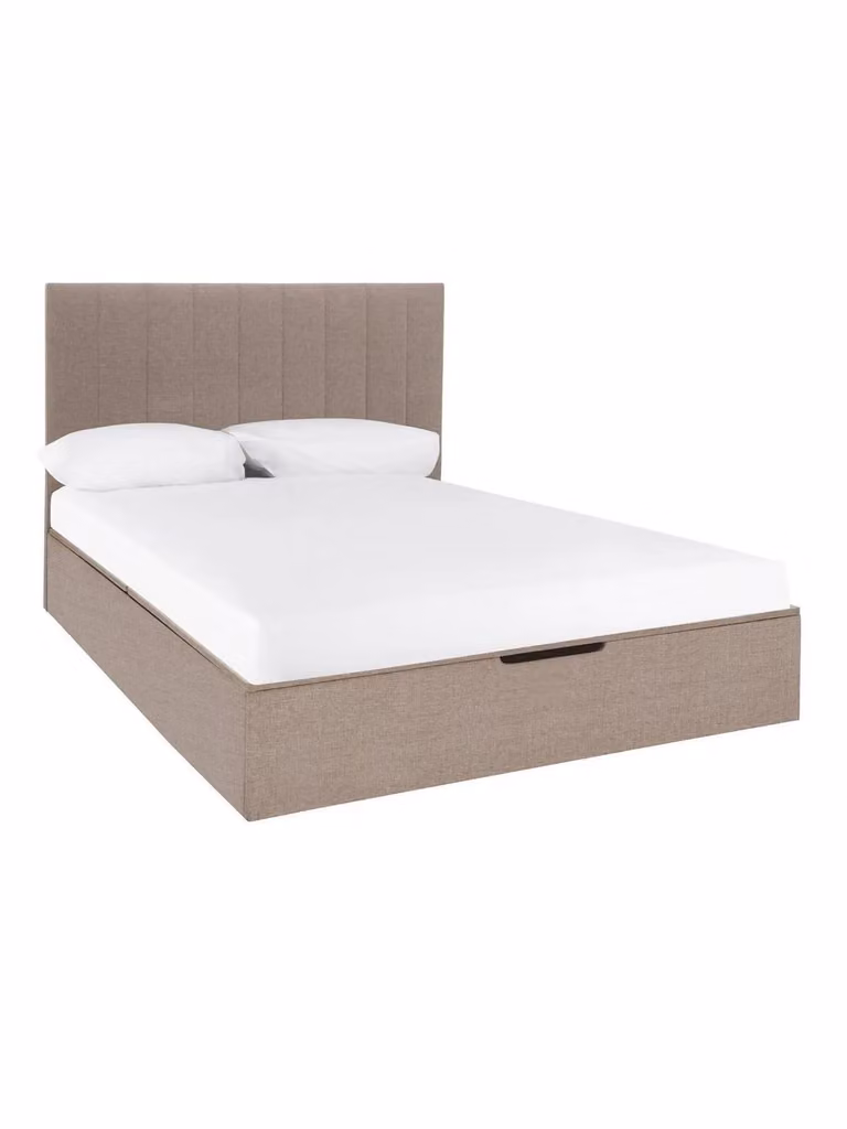 Cheap Furniture Warehouse Nova Modern Upholstered Double Storage Ottoman Bed in Beige Fabric, W/D/H: 150 x 200 x 116 cm (Height: 153.5 cm)