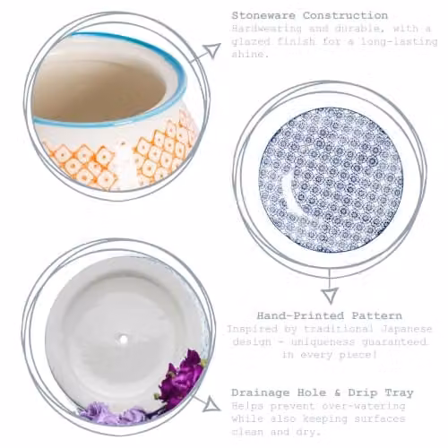 Nicola Spring Hand-Printed Ceramic Plant Pot with Saucer, Blue, Diameter: 20.5 cm – 3
