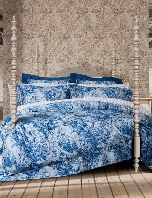 Sanderson Fringed Tulip Toile Cotton Bedset, Blue Mix, W: 180 cm, L: 200 cm