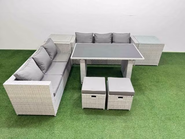 Fimous 8-Seater Patio Rectangular Table Sofa Set with 2 Side Tables and 2 Stools in Light Grey