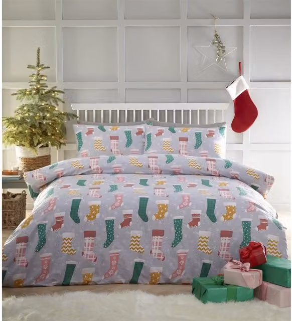 Charlotte Thomas Christmas Stocking Duvet Cover Set, Multicolour and Silver, 140 x 200 cm