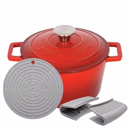 Argon Tableware Round Cast Iron Casserole Dish with Self-Basting Lid, Red – 1