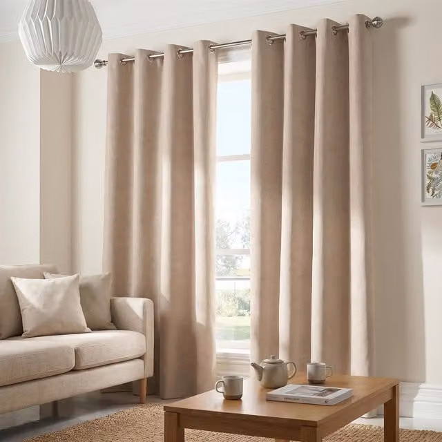 Livinluxury Velvet Chenille Opaque Eyelet Curtains in Beige and Yellow, Width: 137 cm