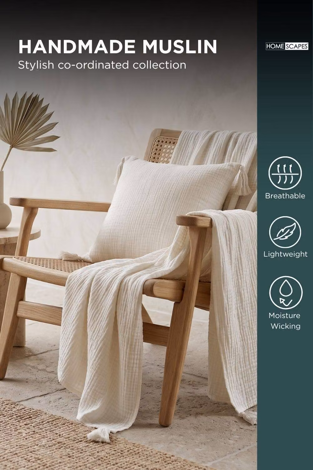 Homescapes Muslin Cotton Cushion with Removable Cover in White, W/D/H: 45 x 45 x 45 cm – 3