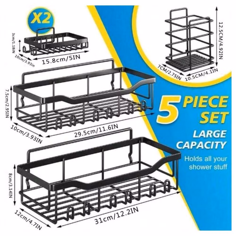 Dragodirect 5-Pack Rustproof Adhesive Shower Caddy Set in Black – 3