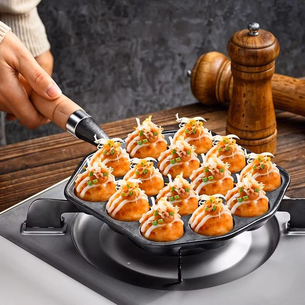 NESTLUNE Non Stick Cast Iron Takoyaki Grill Pan with 14 Holes and Removable Handle, Grey, W: 100 cm, D: 15 cm – 3