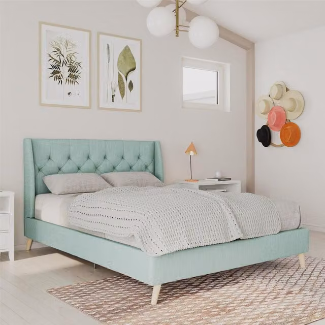 NG Her Majesty Modern Upholstered Bed in Green and Grey, W/D/H: 180 x 200 cm