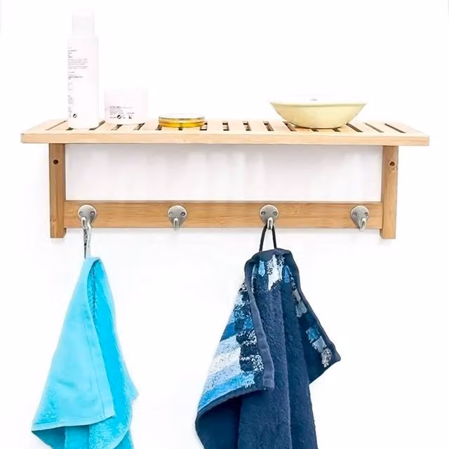 EONLION Brown Wall-Mounted Towel Rack with 4 Hooks, W/D/H: 50 x 18 x 16 cm