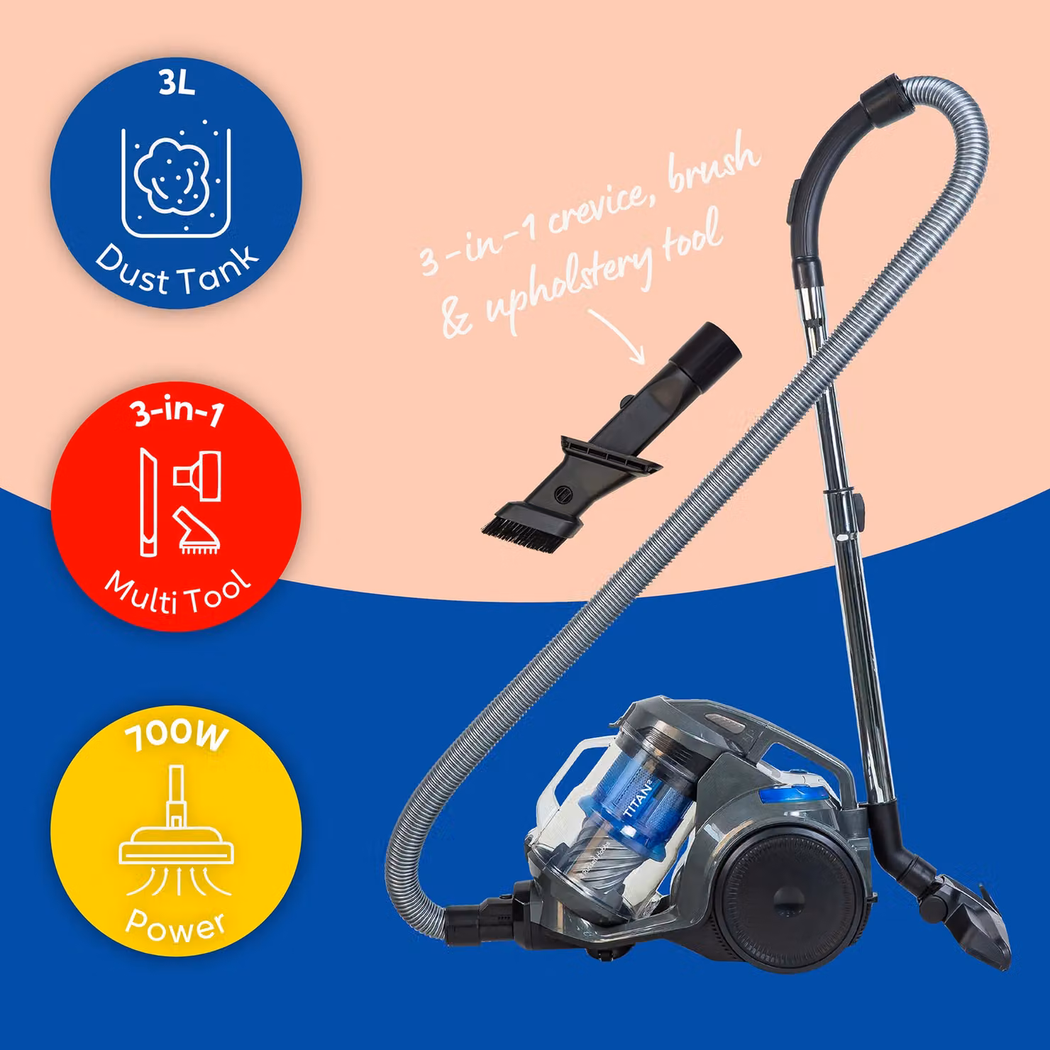 Russell Hobbs Titan2 Bagless Multi-Cyclonic Cylinder Vacuum Cleaner, 700W, 3L Capacity, Grey & Blue RHCV4101 – 11