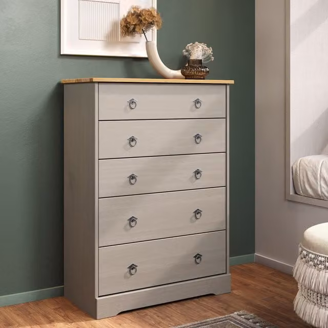 Corona Classic Grey Pine 5 Drawer Chest of Drawers in Grey Washed Wax