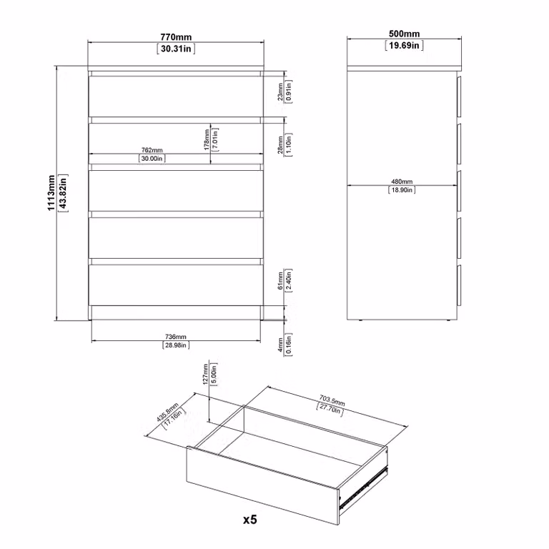Furniture To Go Naia Minimalist Wood Chest of 5 Drawers in Brown
