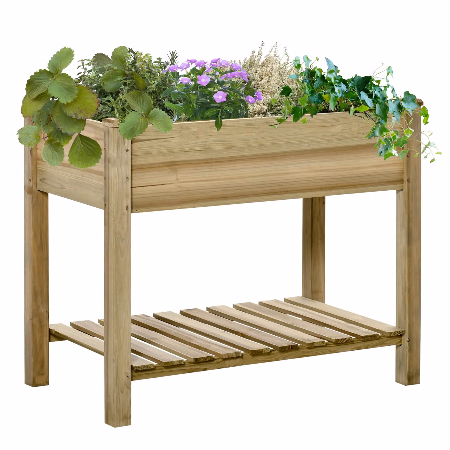 Outsunny Raised Wooden Garden Bed with Legs and Storage Shelf in Green – 2