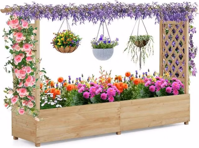 VOGREX Brown Fir Wood Raised Garden Bed with 2-Sided Trellis Climbing Planter Box