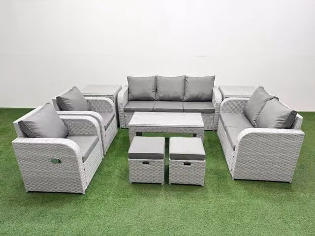 Fimous Grey PE Rattan Garden Furniture Set with Adjustable Chairs, Double Love Seat, Rectangular Coffee Table, 2 Stools and 2 Side Tables