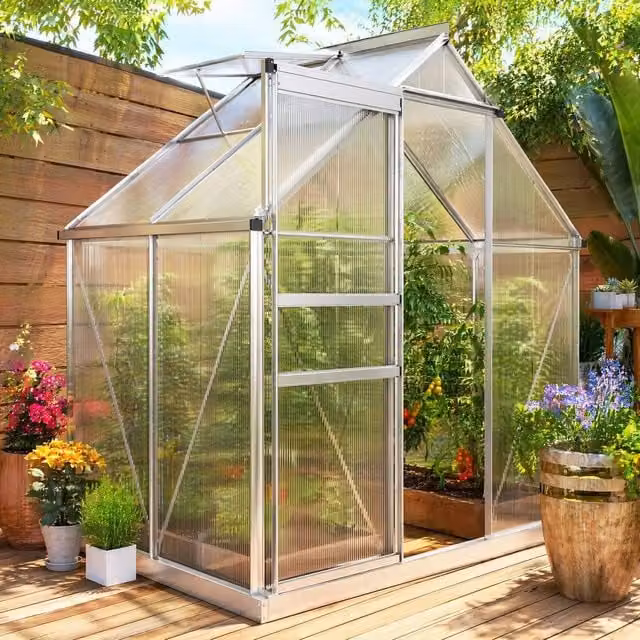 STILVORA Walk-In Greenhouse with Sliding Door and Window in Silver and Transparent Polycarbonate