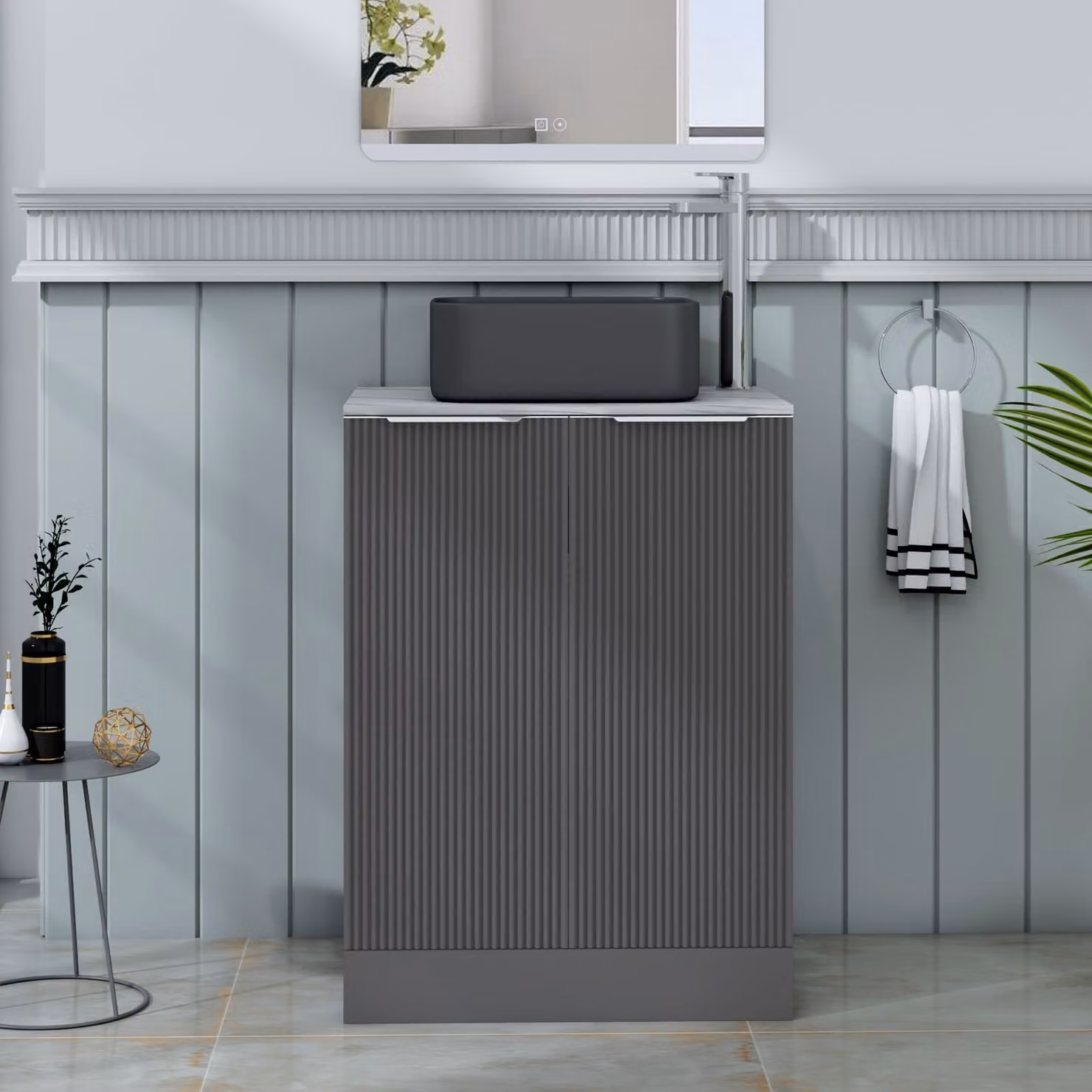 Royal Bathrooms Evora 600mm Graphite Grey Fluted Floor Standing Countertop Vanity Unit with 2 Soft Close Doors and Art Square Basin