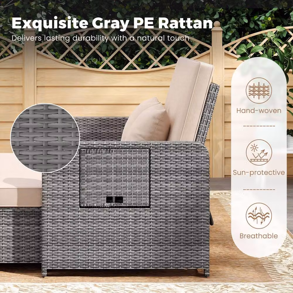 Costway 2-Piece Grey PE Wicker and Metal Patio Rattan Daybed Set with Adjustable Backrest – 6