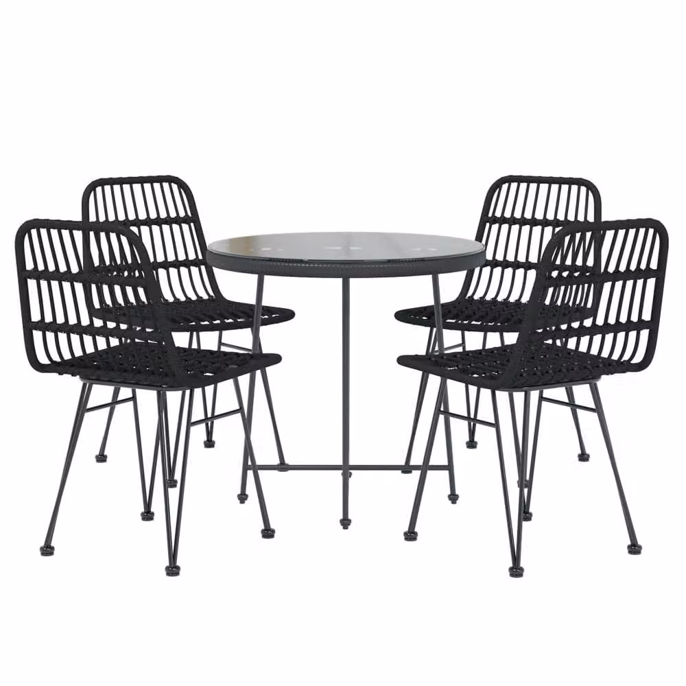 Berkfield Home 5 Piece Black Poly Rattan Garden Dining Set with Glass Top – 3